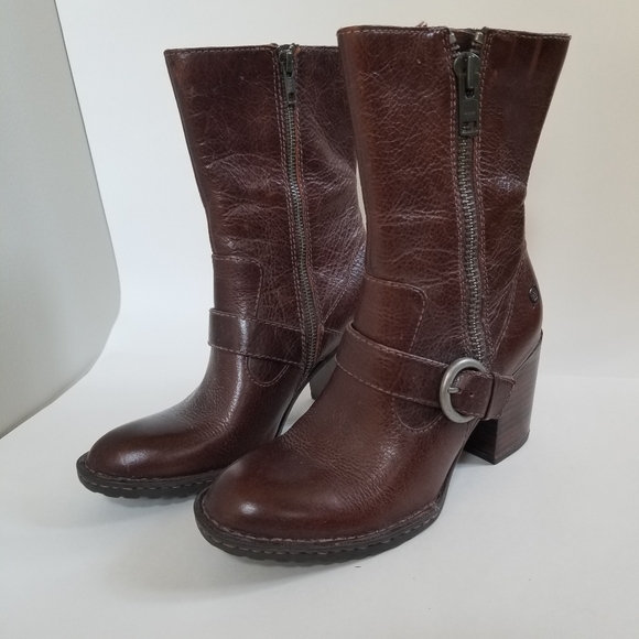 Born Camryn Cinnamon Brown Leather Block Heel "Moto" Style Ankle Boots Size 8 - Picture 1 of 5